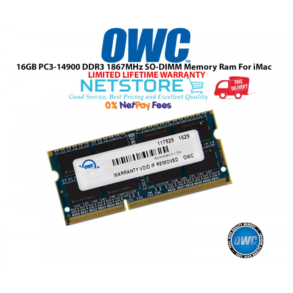 OWC 16GB PC3-14900 DDR3 1867MHz SO-DIMM 204 Pin CL11 Macbook Ram Memory Upgrade For Mid 2017 iMac 27" W/ Retina 5K Models And PCs Which Utilize PC3-14900 SO-DIMM Model OWC1867DDR3S16G