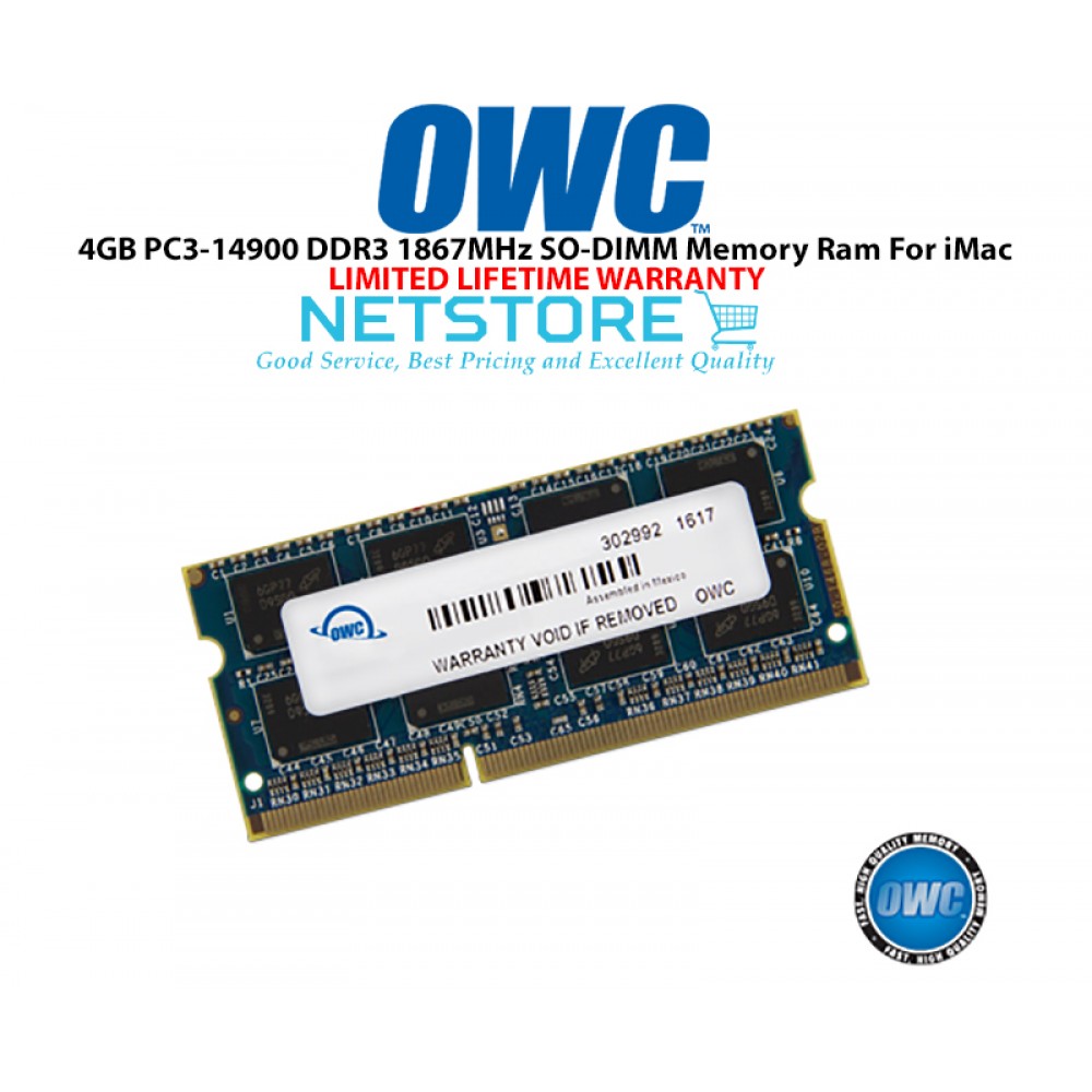 OWC 4GB PC3-14900 DDR3 1867MHz SO-DIMM 204 Pin CL11 Macbook Ram Memory Upgrade For Mid 2017 iMac 27" W/ Retina 5K Models And PCs Which Utilize PC3-14900 SO-DIMM Model OWC1867DDR3S4GB