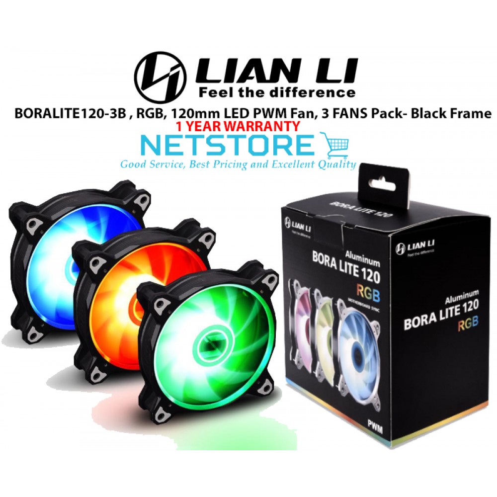 Lian Li BORA LITE 120-3B - 120mm LED PWM RGB Fan, 3 FANS Pack- Black