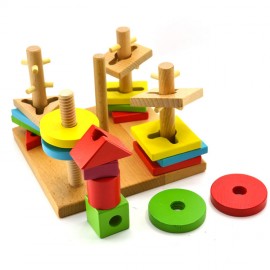image of Little B House Educational Building Blocks,Layers of Stacked 5 Column Set,Wooden Toys -BKM32