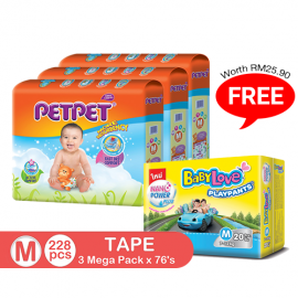image of PetPet Tape Diaper Mega Pack, M size(3 packs) FOC BabyLove Playpants Regular Pack X1