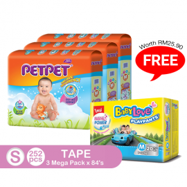 image of PetPet Tape Diaper Mega Pack,S Size (3 packs) FOC BabyLove Playpants Regular Pack X1