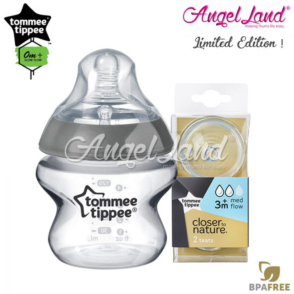 Tommee Tippee CTN Tinted Bottle 150ml/5oz + Tommee Tippee CTN Teat - Silver 422535/38 + Med Flow 421122/38 Tommee Tippee CTN Tinted Bottle 150ml/5oz + Tommee Tippee CTN Teat - Silver 422535/38 + Med Flow 421122/38