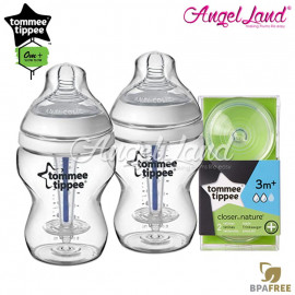 image of Tommee Tippee Closer To Nature Anti Colic Plus 260ml 9oz Twin Pack Bottle 422525/38 + Tommee Tippee CTN Anti-Colic Teat Medium Teat