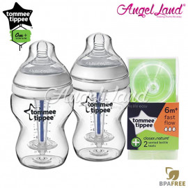 image of Tommee Tippee Closer To Nature Anti Colic Plus 260ml 9oz Twin Pack Bottle 422525/38 + Tommee Tippee CTN Anti-Colic Teat Fast Teat