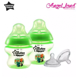 image of Tommee Tippee Closer to Nature Tinted Bottle 150ml (5oz) Green x2 + Tommee Tippee Closer to Nature Teat Fast Flow(6m+) 421124/38