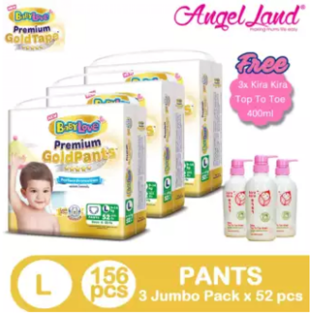 BabyLove Premium GoldPants Jumbo Pack L52 (3Packs) + Free 3x Kira Kira Top to Toe 400ML BabyLove Premium GoldPants Jumbo Pack L52 (3Packs) + Free 3x Kira Kira Top to Toe 400ML