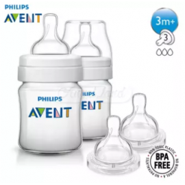 image of Philips Avent Classic+ Bottle 4oz / 125ml Twin Pack SCF560/27 + Philips Avent Medium Flow Teat 3m+ (3 Hole) 2Pcs/Pack SCF633/27