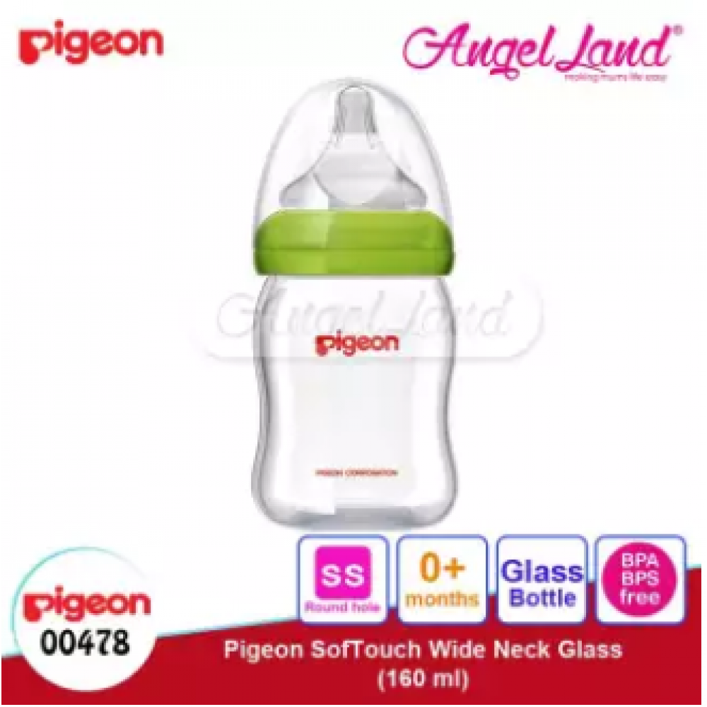 Pigeon Wide-Neck Nursing Bottle Glass 160ml(00478)/240ml(00479) - 160ml(00478) SS teat, 0m+ Pigeon Wide-Neck Nursing Bottle Glass 160ml(00478)/240ml(00479) - 160ml(00478) SS teat, 0m+