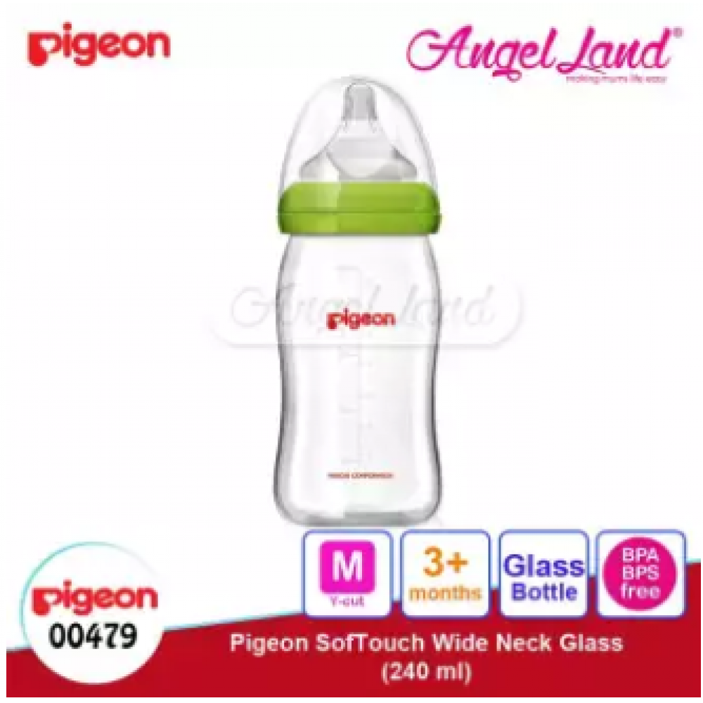 Pigeon Wide-Neck Nursing Bottle Glass 160ml(00478)/240ml(00479) - 240ml(00479) M teat, 3m+ Pigeon Wide-Neck Nursing Bottle Glass 160ml(00478)/240ml(00479) - 240ml(00479) M teat, 3m+