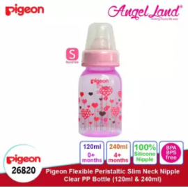 image of Pigeon Flexible Peristaltic Slim Neck Nipple Clear PP Bottle - Hearts 120ml S (0 month) 26820