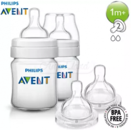 image of Philips Avent Classic+ Bottle 4oz / 125ml Twin Pack SCF560/27 + Philips Avent Slow Flow Teat 1m+ (2 Hole) 2Pcs/Pack SCF632/27