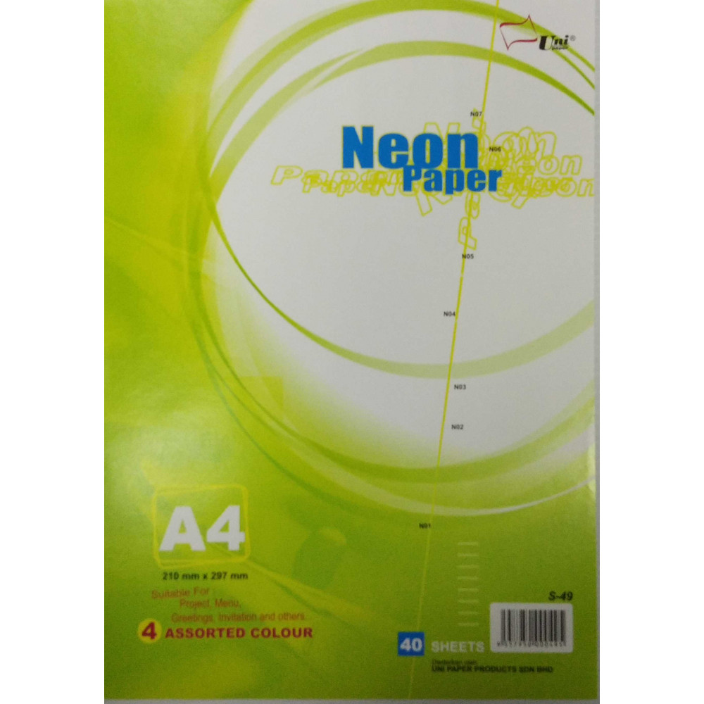 Uni Neon Colour Paper 80gsm A4-40's (S-49) Uni Neon Colour Paper 80gsm A4-40's (S-49)