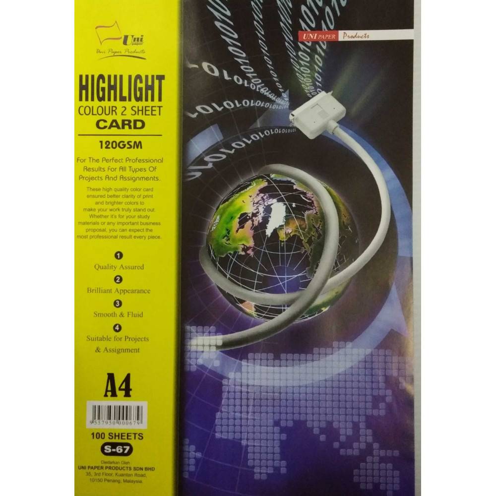 Uni Highlight Colour 2 Sheet Card 120gsm A4-100's (S-67)