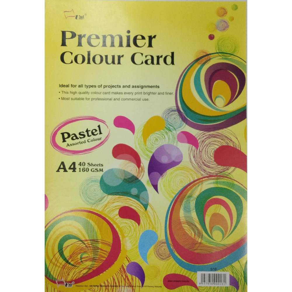 Uni Premier Pastel Colour Card 160gsm A4-40's (S18)