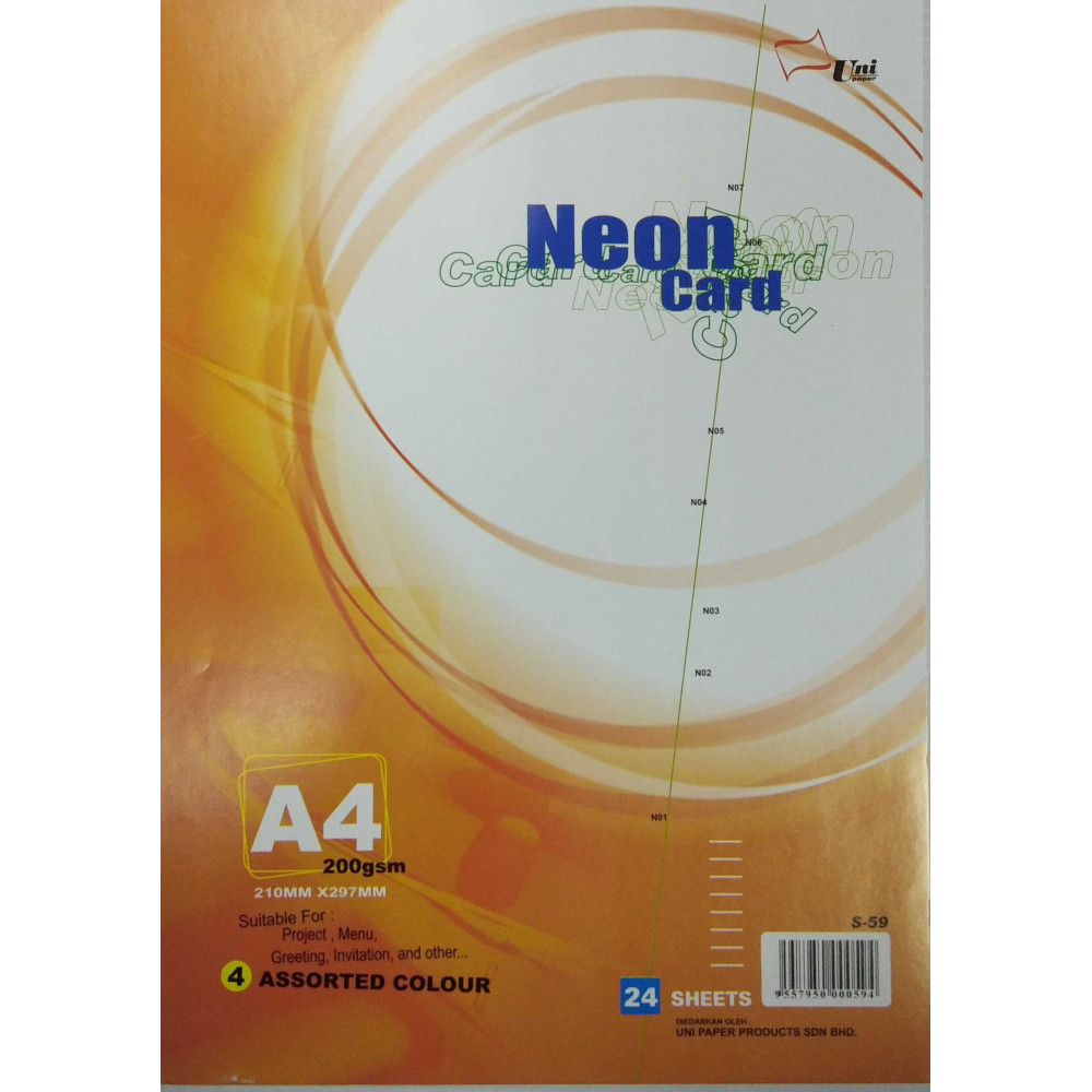 Uni Neon Colour Card 200gsm A4-24's (S-59) Uni Neon Colour Card 200gsm A4-24's (S-59)