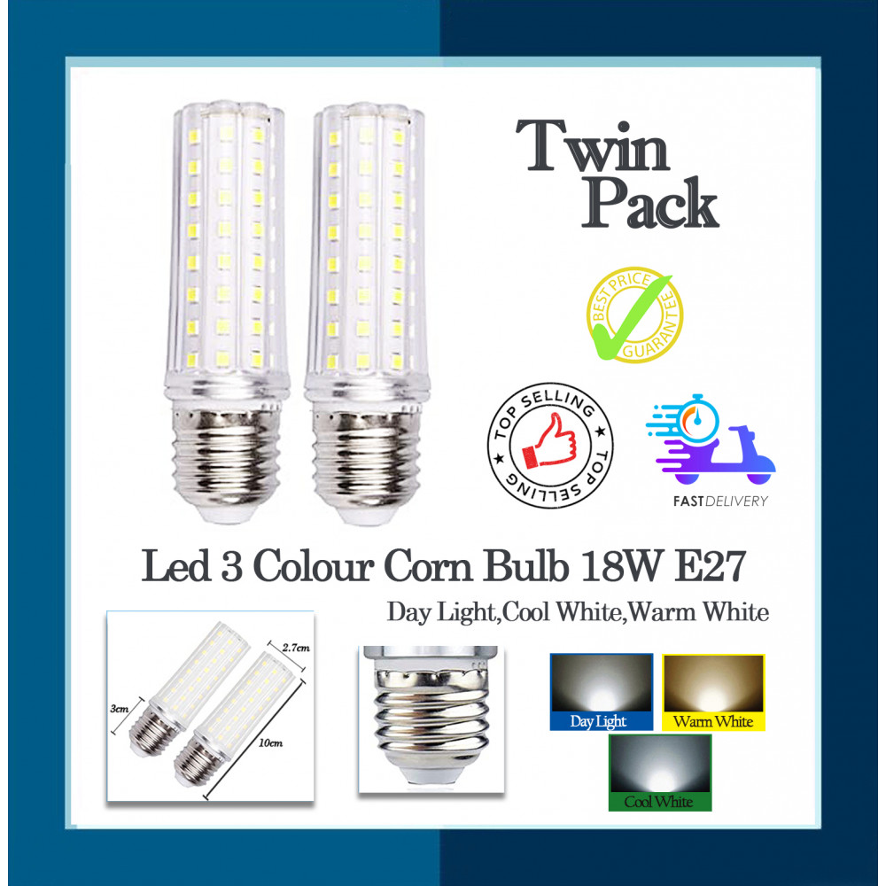 Led 3 Colour Corn Bulb 18W E27 DL/CW/WW [Twin Pack]