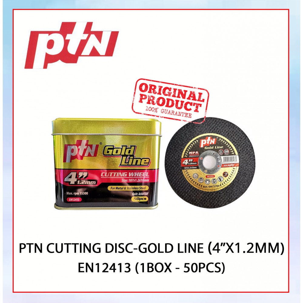 PTN CUTTING DISC-GOLD LINE (4"X1.2MM) EN12413 (1BOX - 50PCS) #CUTTING WHEEL#METAL& STAINLESS STEEL CUT OFF DISC PTN CUTTING DISC-GOLD LINE (4"X1.2MM) EN12413 (1BOX - 50PCS) #CUTTING WHEEL#METAL& STAINLESS STEEL CUT OFF DISC