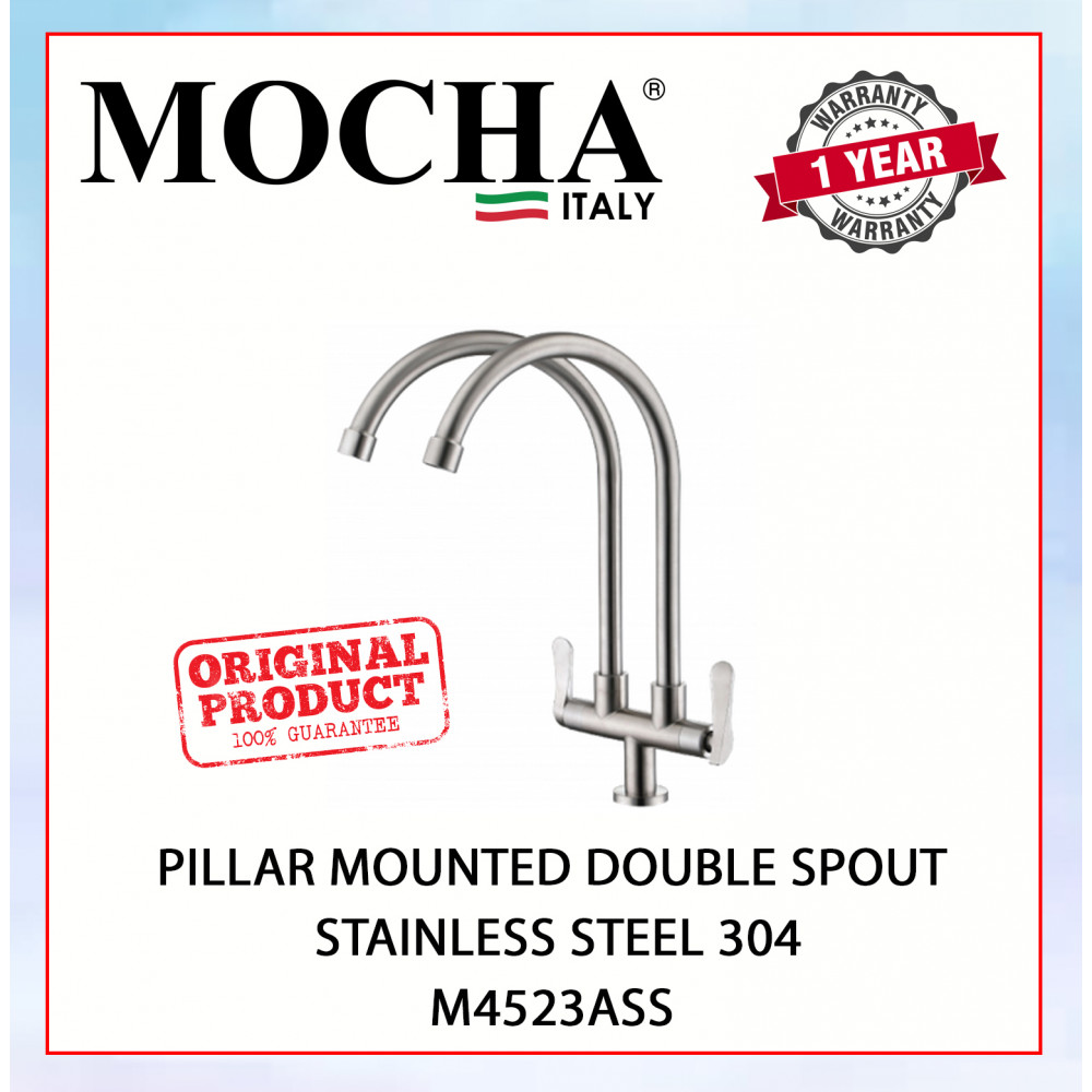 MOCHA PILLAR MOUNTED DOUBLE SPOUT STAINLESS STEEL 304 M4523ASS #KITCHEN FAUCET#KERAN DAPUR#厨房水龙头