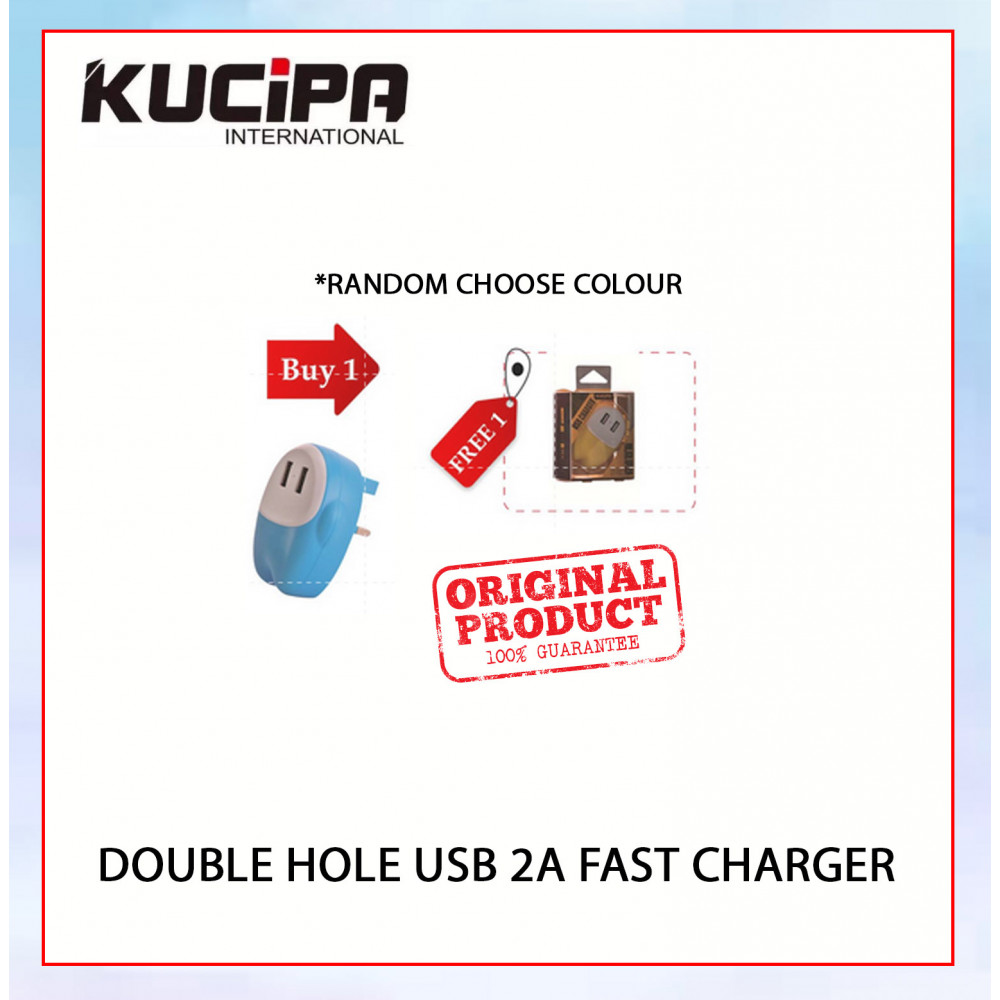 KUCIPA DOUBLE HOLE USB 2A FAST CHARGER RANDOM COLOR  BUY 1 FREE 1