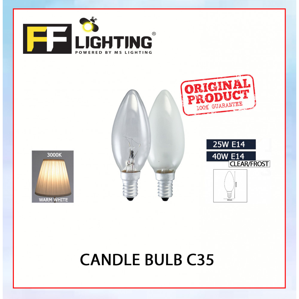 FFL Candle Bulb C35 25W/40W E14 Clear/Frost Warm White#FF Lighting#E14 Bulb#Incandescent Bulb#C35 Bulb#Mentol#电灯泡 FFL Candle Bulb C35 25W/40W E14 Clear/Frost Warm White#FF Lighting#E14 Bulb#Incandescent Bulb#C35 Bulb#Mentol#电灯泡