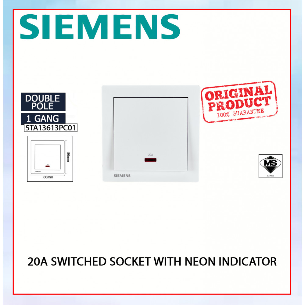 SIEMENS 20A 1 Gang 1 Way Double Pole Switch With Neon Indicator White 5TA1361-3PC01#DELTA Relfa#Sirim Switch Socket#插座