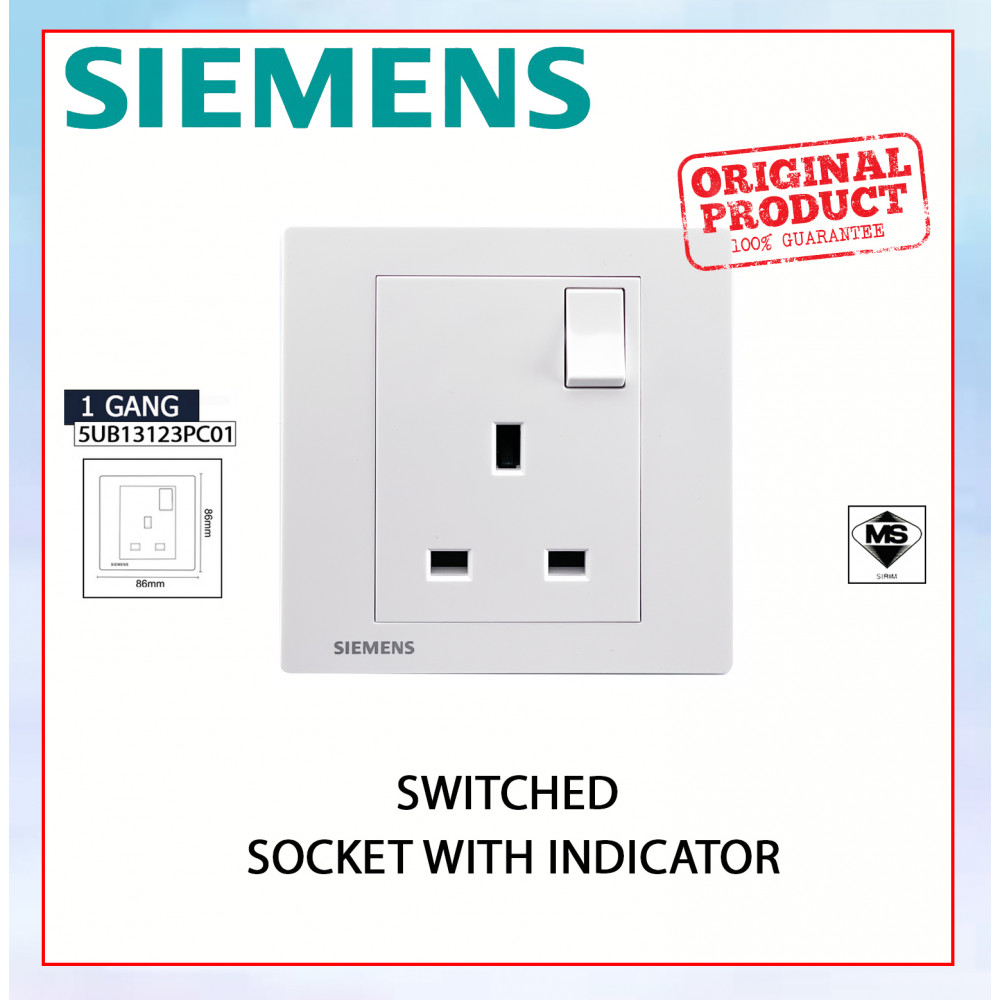 SIEMENS 13A 1 GANG SP SWITCHED SOCKET WITH INDICATOR WHITE 5UB1312-3PC01#DELTA RELFA#SIRIM SWITCH SOCKET#3 FLAT PIN PLUG