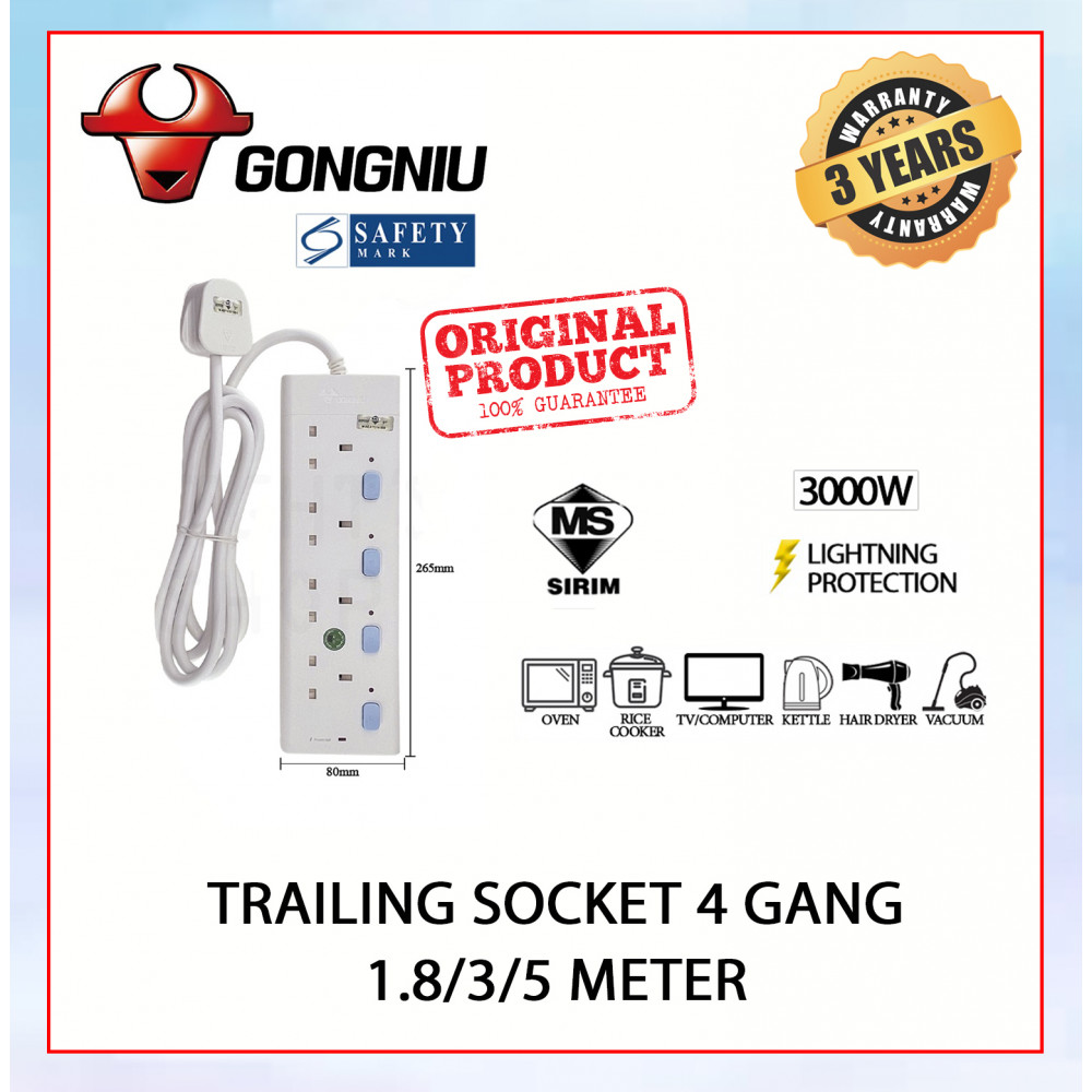 GONGNIU Trailing Socket 4 Gang-1.8/3/5 Meter#Bull#Lightning Protect Type#Sirim#Extension Socket#Cord Extension Plug GONGNIU Trailing Socket 4 Gang-1.8/3/5 Meter#Bull#Lightning Protect Type#Sirim#Extension Socket#Cord Extension Plug