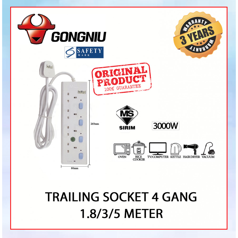 GONGNIU Trailing Socket 4 Gang-1.8/3/5 Meter#Bull#Basic Type#Sirim#Extension Socket#Cord Extension Plug#T-Adaptor GONGNIU Trailing Socket 4 Gang-1.8/3/5 Meter#Bull#Basic Type#Sirim#Extension Socket#Cord Extension Plug#T-Adaptor