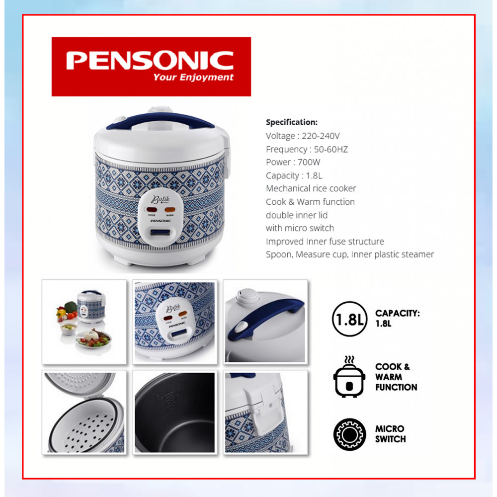 PENSONIC RICE COOKERBATIK SERIES 1.8L PSR1801 FOC KEY CHAIN+RECYCLE