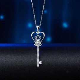image of Love Heart Crown Key 925 Sterling Silver Pendant Necklace Created Diamond Jewelry 1.25 Carat XFN8085