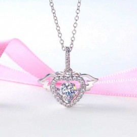 image of Heart Angel Wing Dancing Stone Pendant Necklace 925 Sterling Silver Good for Wedding Bridesmaid Gift XFN8081