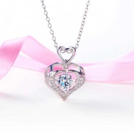 image of Double Heart Dancing Stone Pendant Necklace 925 Sterling Silver Good for Wedding Bridesmaid Gift XFN8079