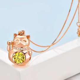 image of Lucky Cat Dancing Stone Pendant Necklace 925 Sterling Silver Rose Gold Plated XFN8098