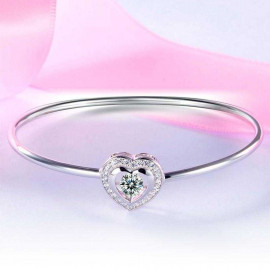 image of Dancing Stone Heart Bangle Solid 925 Sterling Silver Bridal Wedding XFB8014