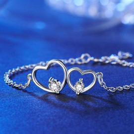 image of Solid 925 Sterling Silver Bracelet Double Heart Bridesmaid Wedding Gift XFB8019