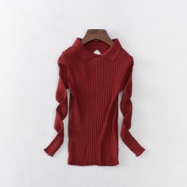 image of * Ready Stock * Red Wine Collar Ribbed Knit Long Sleeve Top