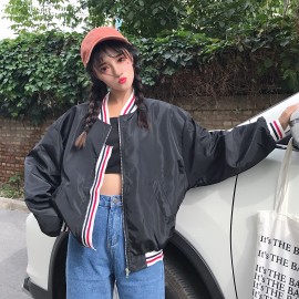 image of * Ready Stock * Red Sporty Stripe Black Oversized Bomber Jacket