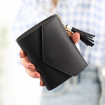 tassel fold over purse button short wallet