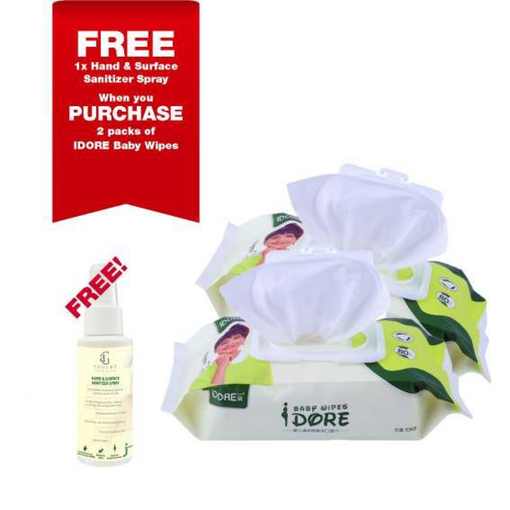 IDORE Premium Baby Wipes 80's [ 2 packs FREE 1 Bottle AG Touche Sanitizer ]