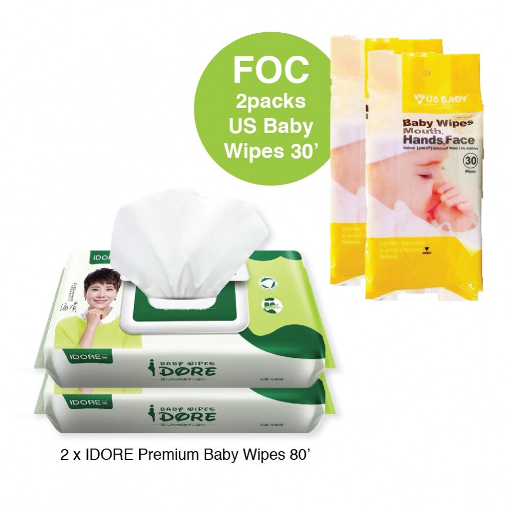 IDORE Premium Baby Wipes 80's 2 packs [ FOC US BABY WIPES 30's x 2packs ]