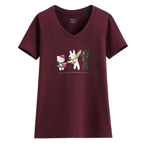 Lativ: Hello Kitty X麗莎和卡斯柏印花V領T恤-02-女( 酒紅) Lativ: Hello Kitty X麗莎和卡斯柏印花V領T恤-02-女( 酒紅)
