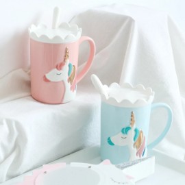 image of Creative 3D Relief Glod Unicorn Coffee Mug with Spoon and Crown Lid Drinking Coffee Tea Cup Gift