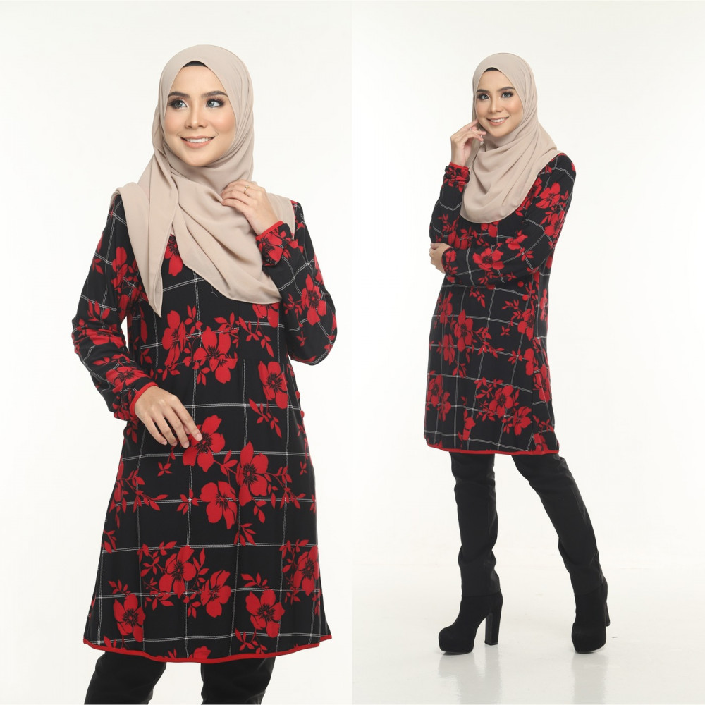 Blouse Delisha Muslimah Pocket Kiri Dan Kanan Zip Depan A Cut - Red Black Blouse Delisha Muslimah Pocket Kiri Dan Kanan Zip Depan A Cut - Red Black