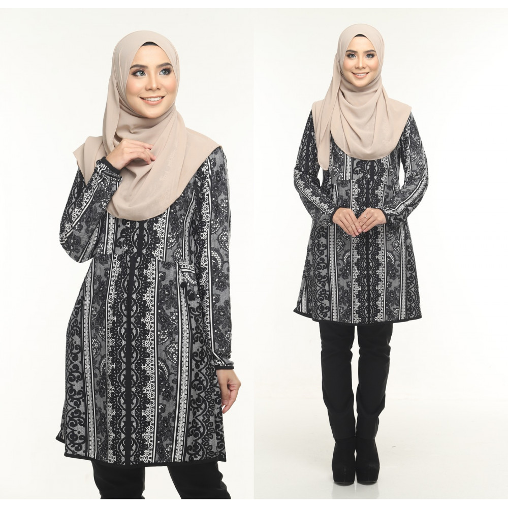 Blouse Delisha Muslimah Pocket Kiri Dan Kanan Zip Depan A Cut - Black Grey Blouse Delisha Muslimah Pocket Kiri Dan Kanan Zip Depan A Cut - Black Grey