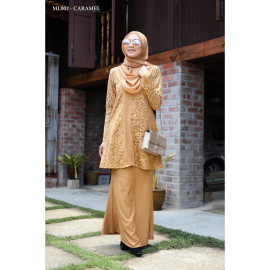 image of Baju Kurung Moden Melure Muslimah Wear Zip Depan,Bunga Exclusive - Caramel