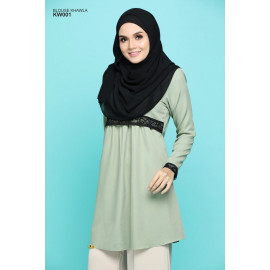 image of Blouse Khawla Zip Belakang Lace Depan Baju & Hujung Tangan - Light Olive