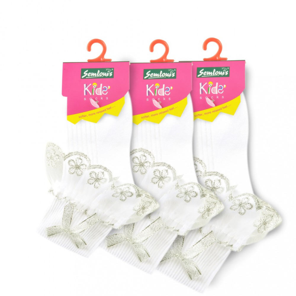 Semlouis Lace Children Ankle Socks - Line Patterned Fabric With Silver Ribbon Semlouis Lace Children Ankle Socks - Line Patterned Fabric With Silver Ribbon