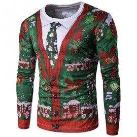 image of CREW NECK 3D CHRISTMAS TIE COSTUME FAUX TWINSET PRINT T-SHIRT (COLORMIX) XL