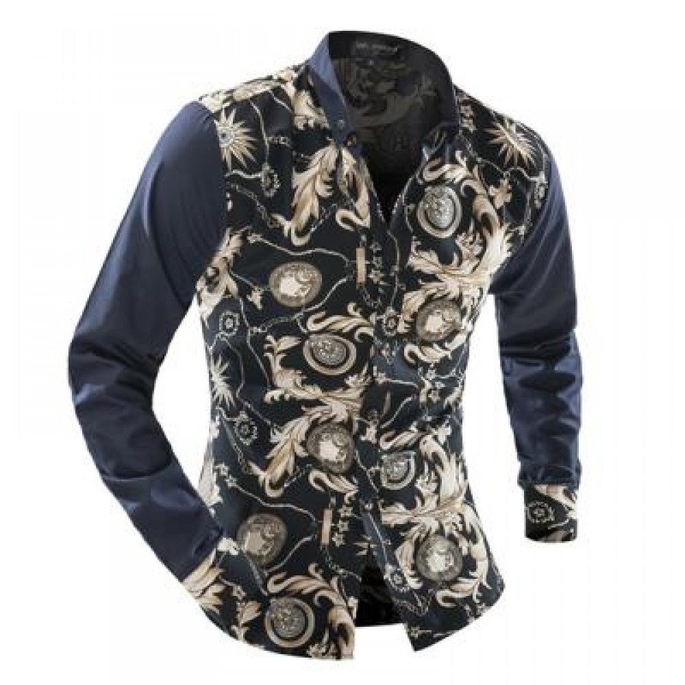 ORNATE PRINT LONG SLEEVE BUTTON-DOWN SHIRT FOR MEN (BEIGE) L ORNATE PRINT LONG SLEEVE BUTTON-DOWN SHIRT FOR MEN (BEIGE) L